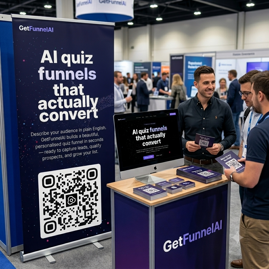 GetFunnelAI roll-up banner with QR code at GITEX Berlin booth